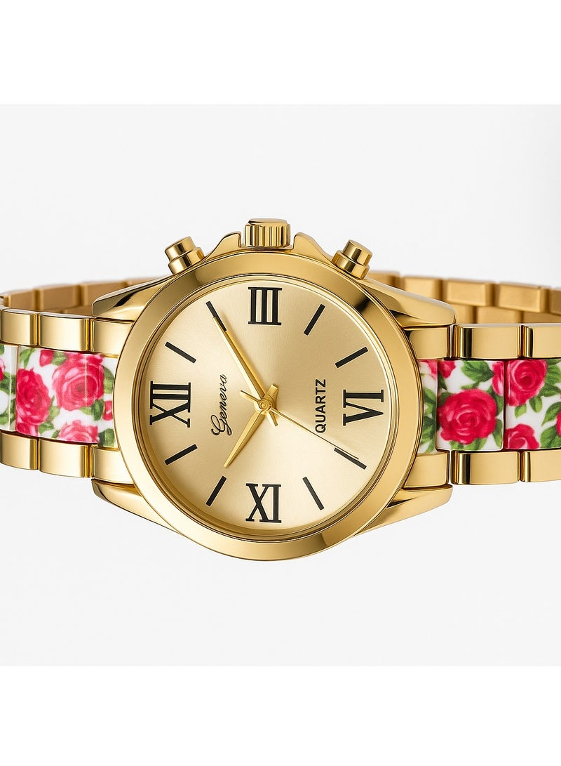 جنيفا ساعة يد نسائية أنيقة بتصميم ذهبي وسوار مزين بالورود، مثالية لإطلالة راقية - Image 2