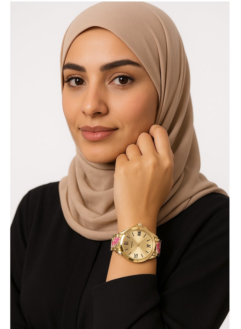 جنيفا ساعة يد نسائية أنيقة بتصميم ذهبي وسوار مزين بالورود، مثالية لإطلالة راقية - Image 3