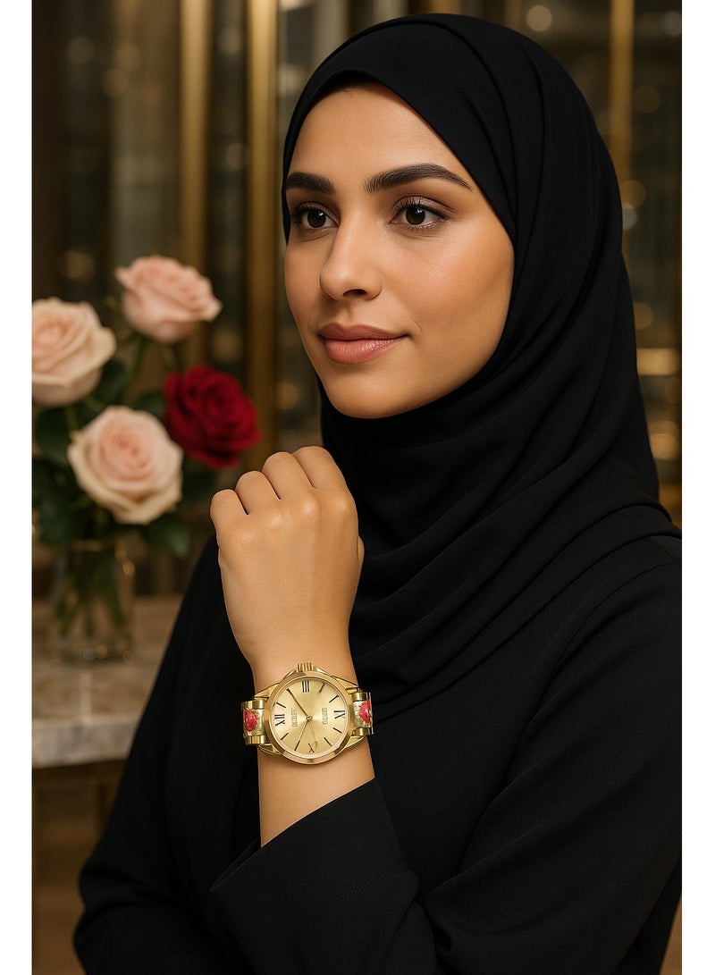 جنيفا ساعة يد نسائية أنيقة بتصميم ذهبي وسوار مزين بالورود، مثالية لإطلالة راقية - Image 4