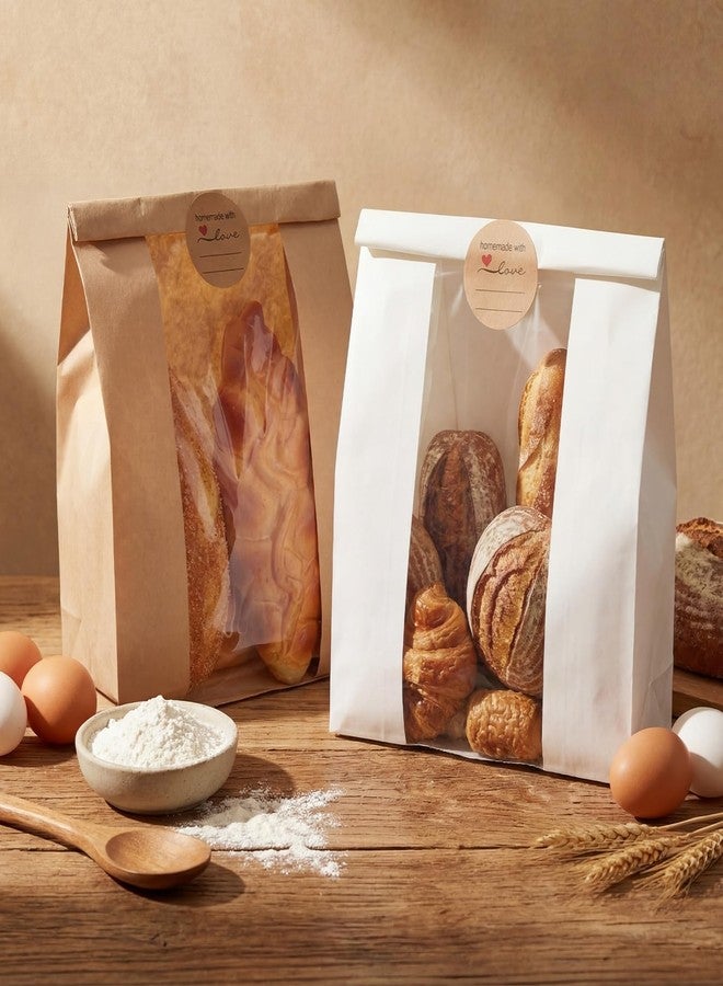 Tosstuki 100 Pcs Bread Bags for Homemade Bread Sourdough Paper Bakery Bags with Window Large Kraft Paper Bakery Bag for Storage Cookie Snacks, 500 Seal Stickers, 13.8 x 8.3 x 3.5 Inch, Brown White - Image 4