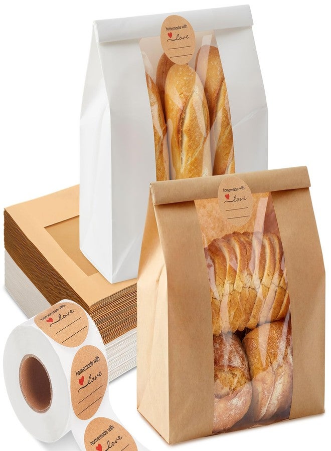 Tosstuki 100 Pcs Bread Bags for Homemade Bread Sourdough Paper Bakery Bags with Window Large Kraft Paper Bakery Bag for Storage Cookie Snacks, 500 Seal Stickers, 13.8 x 8.3 x 3.5 Inch, Brown White - Image 1