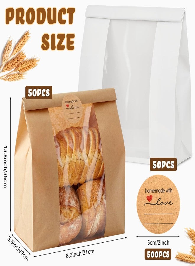 Tosstuki 100 Pcs Bread Bags for Homemade Bread Sourdough Paper Bakery Bags with Window Large Kraft Paper Bakery Bag for Storage Cookie Snacks, 500 Seal Stickers, 13.8 x 8.3 x 3.5 Inch, Brown White - Image 2
