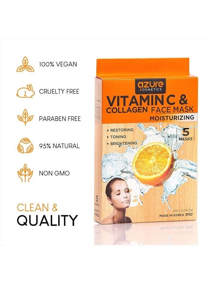 Azure Cosmetics - AZURE Vitamin C & Collagen Moisturizing Facial Mask- Anti Aging, Deeply Moisturizing & Firming - Brightening Mask, Improves Elasticity - Skin Care Made in Korea - 5 Pack - Image 1