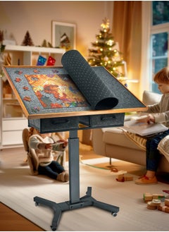 WISFOR 90x70cm Puzzle Table with Adjustable Height 74-98cm 4-Level Tilt 360° Rotating Metal Base and Wheels for Easy Mobility Fits 1500-Piece Jigsaw Puzzles  - Image 5