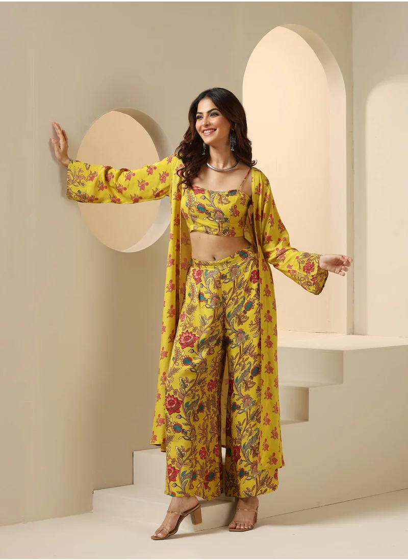 ISHIN Aline Fit Self Design Pattern Shoulder Straps Neck 3/4 sleeve Yellow Colour Knitted Cotton Co-Ords Set for Women with Semi Elastic Closure - Designed with Style and Comfort