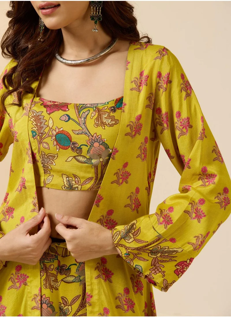 ISHIN Aline Fit Self Design Pattern Shoulder Straps Neck 3/4 sleeve Yellow Colour Knitted Cotton Co-Ords Set for Women with Semi Elastic Closure - Designed with Style and Comfort