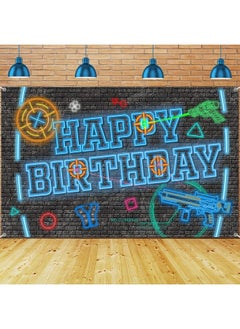 Tatuo Laser Tag Gun Backdrops Neon Happy Birthday Banner Happy Birthday Backdrop Gaming Backgrounds For Boys Wall Decorations 6 X 3.6 Feet Birthday Party Neon Glow Party Photography Banner Photo Booth  - Image 2