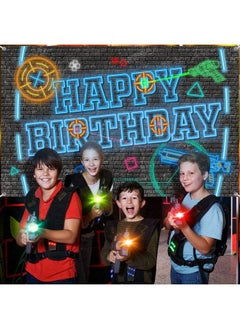 Tatuo Laser Tag Gun Backdrops Neon Happy Birthday Banner Happy Birthday Backdrop Gaming Backgrounds For Boys Wall Decorations 6 X 3.6 Feet Birthday Party Neon Glow Party Photography Banner Photo Booth  - Image 3
