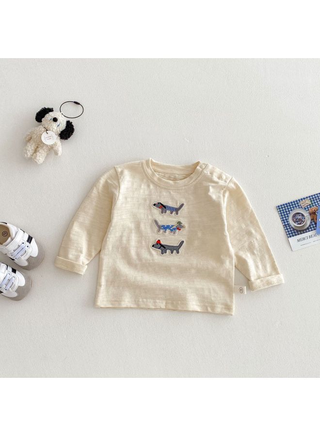 Children's Bamboo Cotton T-shirt Little Left Little Right Baby Patch Cartoon Dog Base Shirt Boys' Loose Long-sleeved Top