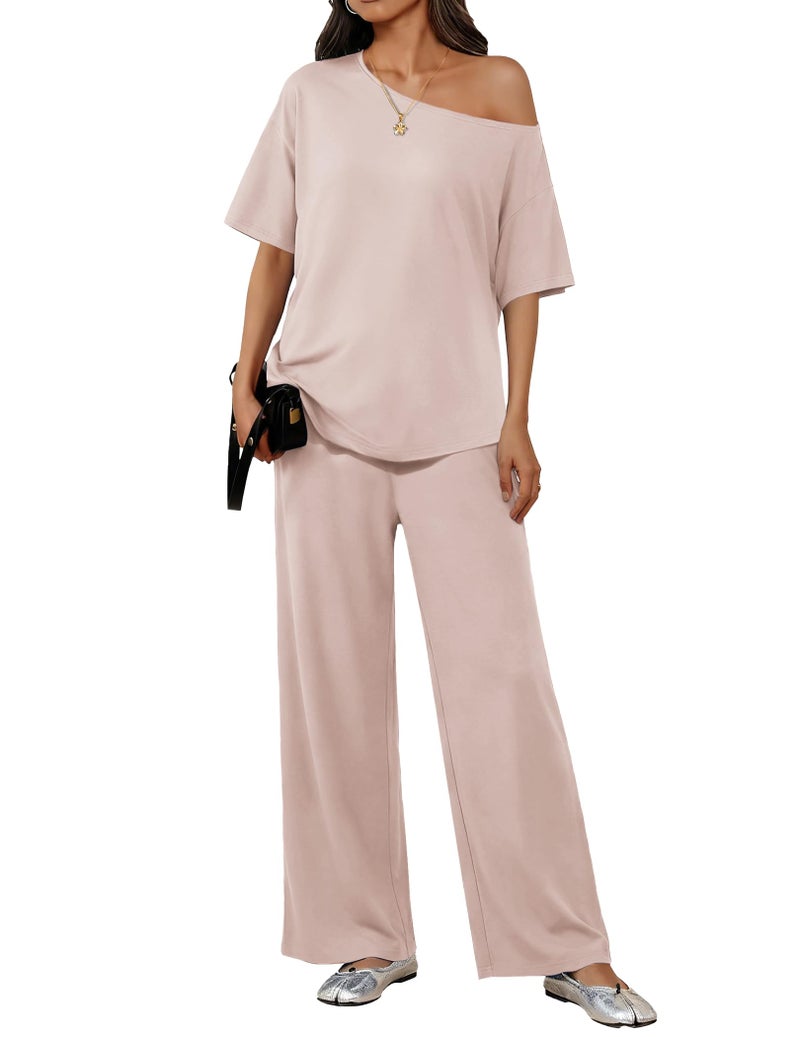 Ekouaer Lounge Sets for Women Off Shoulder Short Sleeve Tops and Long Pants 2 Piece Set Summer Soft Matching Outfit Beige M - Image 1