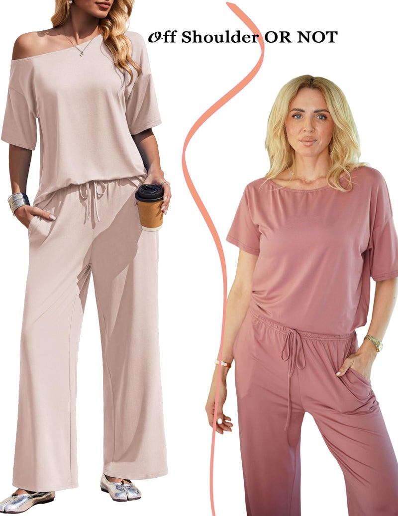 Ekouaer Lounge Sets for Women Off Shoulder Short Sleeve Tops and Long Pants 2 Piece Set Summer Soft Matching Outfit Beige M - Image 2