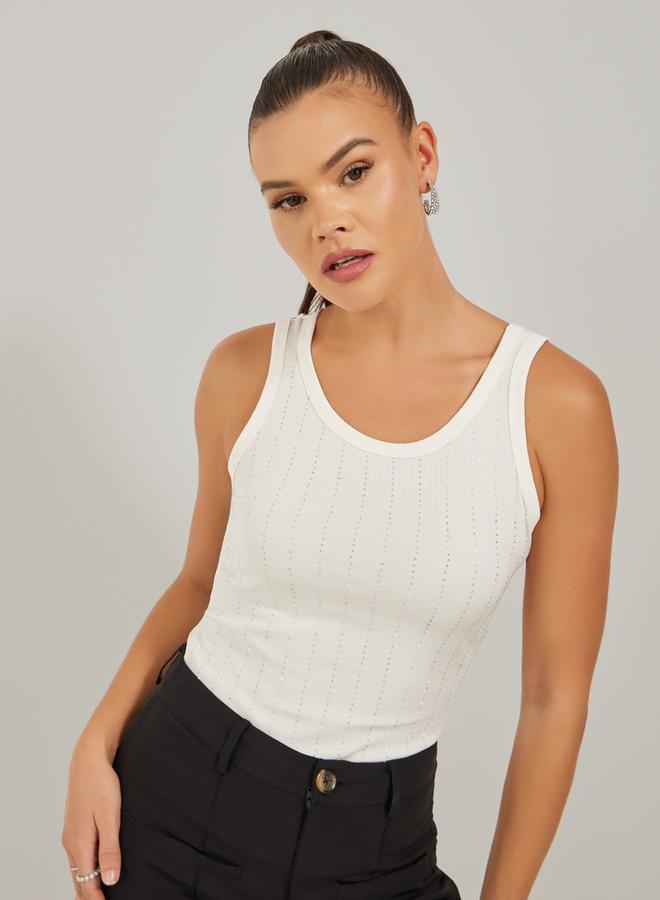 Styli Rhinestone Studded Scoop Neck Fitted Tank T-Shirt  - Image 1