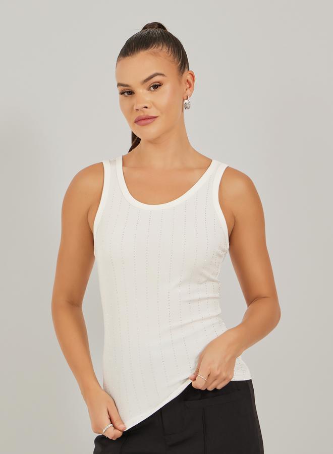 Styli Rhinestone Studded Scoop Neck Fitted Tank T-Shirt  - Image 3
