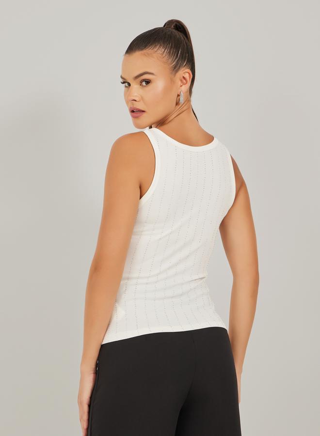 Styli Rhinestone Studded Scoop Neck Fitted Tank T-Shirt  - Image 5