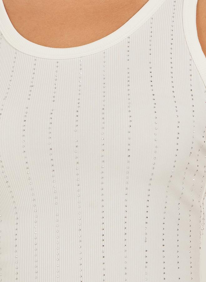 Styli Rhinestone Studded Scoop Neck Fitted Tank T-Shirt  - Image 4