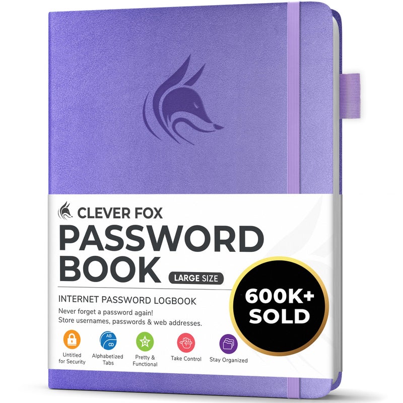 Clever Fox Password Book with alphabetical tabs. Internet Address Organizer Logbook. Large Password Keeper for Website Logins (Lavender) - Image 1