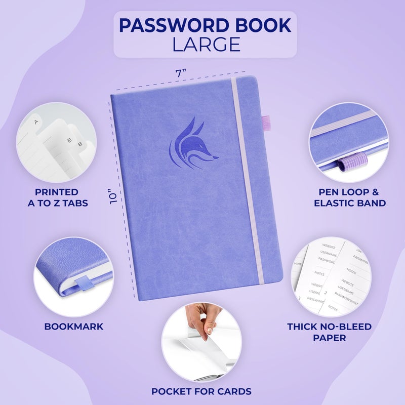 Clever Fox Password Book with alphabetical tabs. Internet Address Organizer Logbook. Large Password Keeper for Website Logins (Lavender) - Image 2