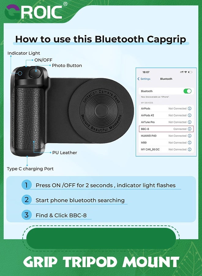 GROIC Magnetic Camera Handle Bluetooth Bracket, Smartphone CapGrip Camera Phone Selfie Grip Handle Photo Phone Holder with Bluetooth Wireless Remote Control Compatible for All Phones Video Shooting Vlog  - Image 4