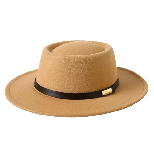Lanzom Women Vintage Wide Brim Warm Wool Fedora Hat Belt Panama Hat Felt Jazz Hat (A-Camel, Medium) - Image 2