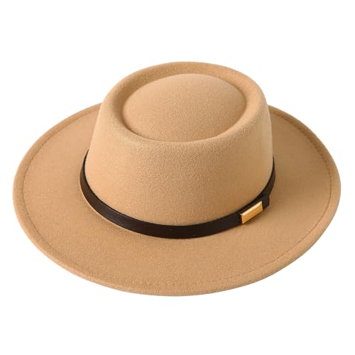 Lanzom Women Vintage Wide Brim Warm Wool Fedora Hat Belt Panama Hat Felt Jazz Hat (A-Camel, Medium) - Image 4