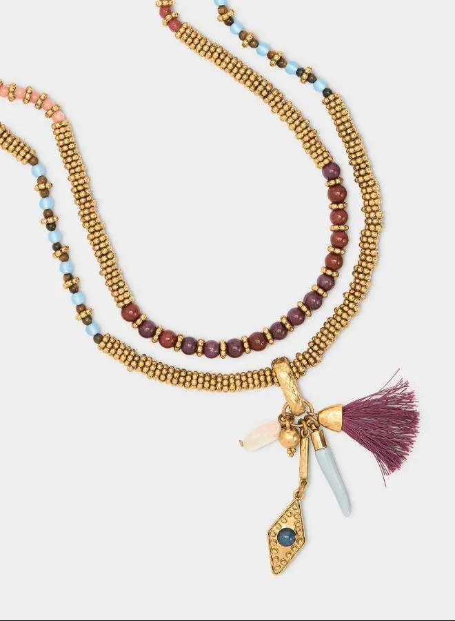 بارفوا عقد مزدوج مع خرز وحجارة متعدد الألوان