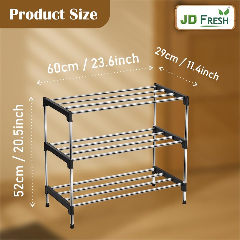 JD FRESH حامل أحذية من الفولاذ المقاوم للصدأ من جي دي فريش، 3 طبقات للمنزل / حامل أحذية / منظم أحذية مقاوم للصدأ وقوي للممر / منظم أحذية / كتب / صحف / نباتات (أسود وفضي) - Image 2