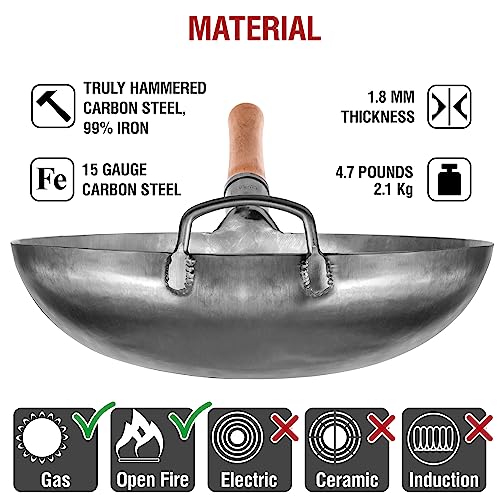 YOSUKATA 14” Round Bottom Carbon Steel Woks and Stir Fry Pans – Unseasoned Pow Wok for Stir Fry, BBQ & Camping – Hand-Hammered Traditional Japanese and Chinese Pan – Gas Stove, Open Fire Only - Image 5