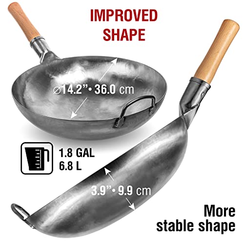YOSUKATA 14” Round Bottom Carbon Steel Woks and Stir Fry Pans – Unseasoned Pow Wok for Stir Fry, BBQ & Camping – Hand-Hammered Traditional Japanese and Chinese Pan – Gas Stove, Open Fire Only - Image 2