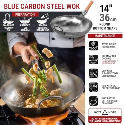 YOSUKATA 14” Round Bottom Carbon Steel Woks and Stir Fry Pans – Unseasoned Pow Wok for Stir Fry, BBQ & Camping – Hand-Hammered Traditional Japanese and Chinese Pan – Gas Stove, Open Fire Only - Image 3