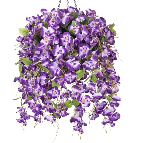 HyeFlora Artificial Fake Hanging Hibiscus Flowers Plants Baskets for Outdoor Decoration Faux Silk Hibiscus Long Vines in Planter UV Resistant Realistic Flowers for Outside Porch Patio Home Decor Darkpurple - Image 1