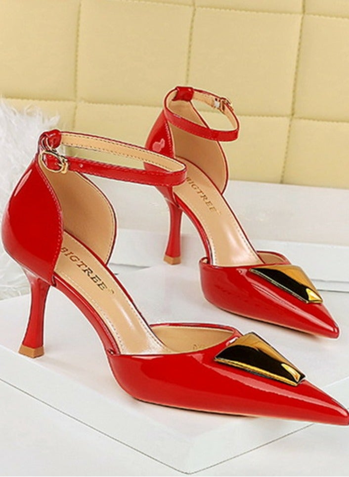 BIGTREE Women's Patent Leather Closed Pointed Toe High Heels With Ankle Straps Stiletto Pumps Red 8CM - Image 1