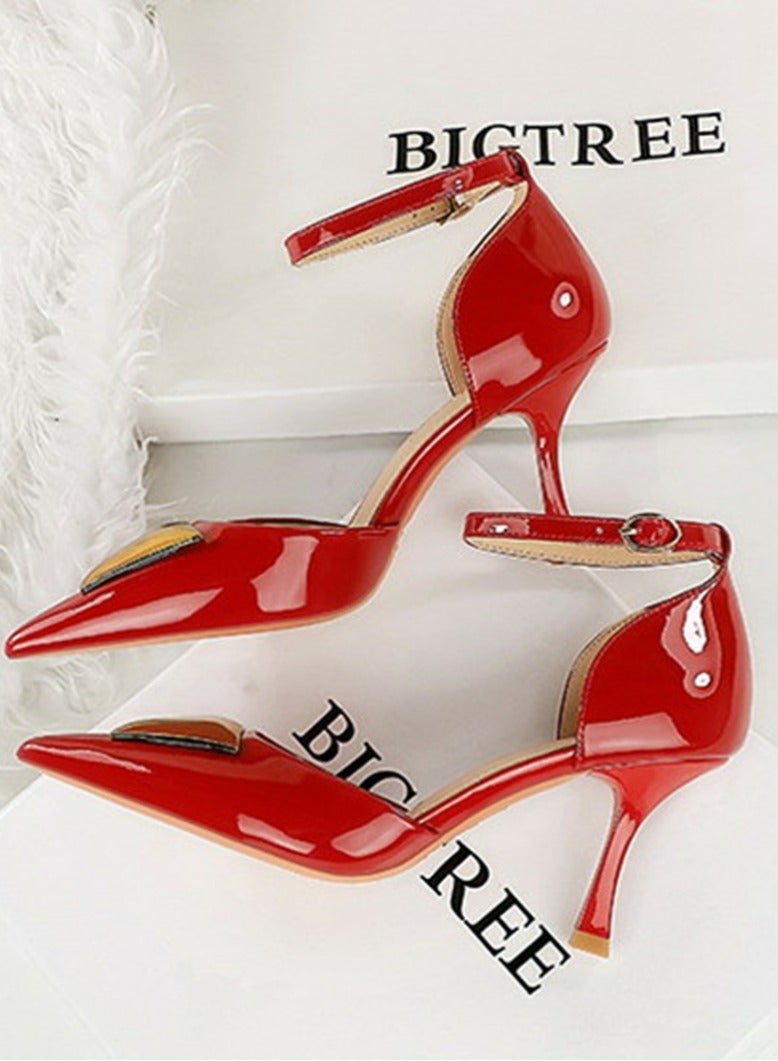 BIGTREE Women's Patent Leather Closed Pointed Toe High Heels With Ankle Straps Stiletto Pumps Red 8CM - Image 2