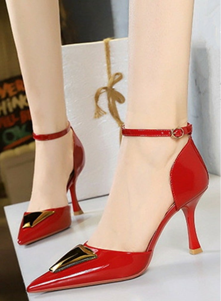 BIGTREE Women's Patent Leather Closed Pointed Toe High Heels With Ankle Straps Stiletto Pumps Red 8CM - Image 3