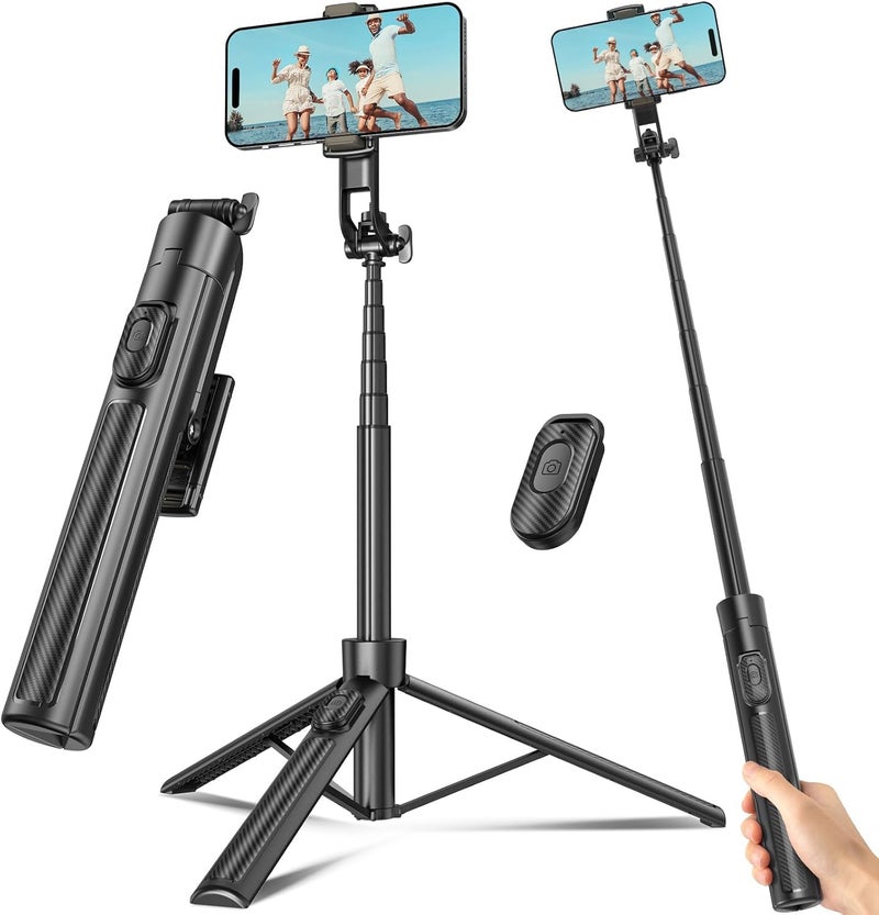 Liphisy Selfie Stick Travel Tripod for Cell Phone with Remote Control and Phone Holder, Extendable Selfie Stick for iPhone, iPhone Tripod for Video Recording, Cell Phone Tripod Stand, 63 Inch, Black - Image 1