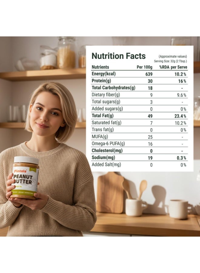 Pintola Organic Unsweetened Creamy 340g + Dark Chocolate Creamy 340g Peanut Butter, High in Protein, Gluten Free, Vegan, Cholesterol Free, natural oil on top, mix well, achieve the creaminess. - Image 2
