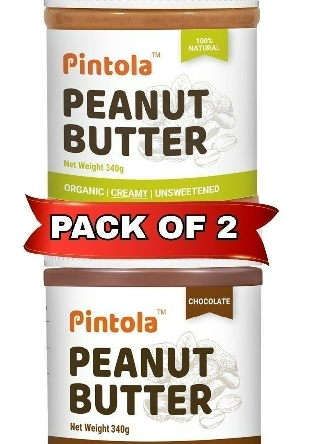 Pintola Organic Unsweetened Creamy 340g + Dark Chocolate Creamy 340g Peanut Butter, High in Protein, Gluten Free, Vegan, Cholesterol Free, natural oil on top, mix well, achieve the creaminess. - Image 1