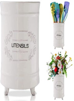French White Ceramic Utensil Holder - Vintage Style Kitchen Utensil Caddy - Shabby Chic Cooking Utensil Organizer for Countertop - Rustic French Country Utensil Crock for Cooking Enthuziast