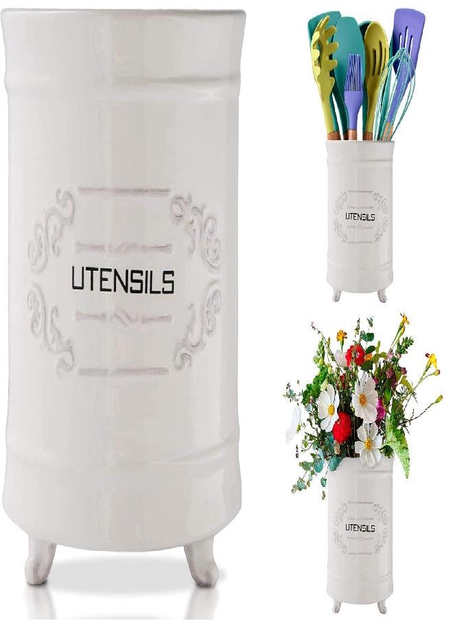 Comfify - French White Ceramic Utensil Holder - Vintage Style Kitchen Utensil Caddy - Shabby Chic Cooking Utensil Organizer for Countertop - Rustic French Country Utensil Crock for Cooking Enthuziast - Image 1