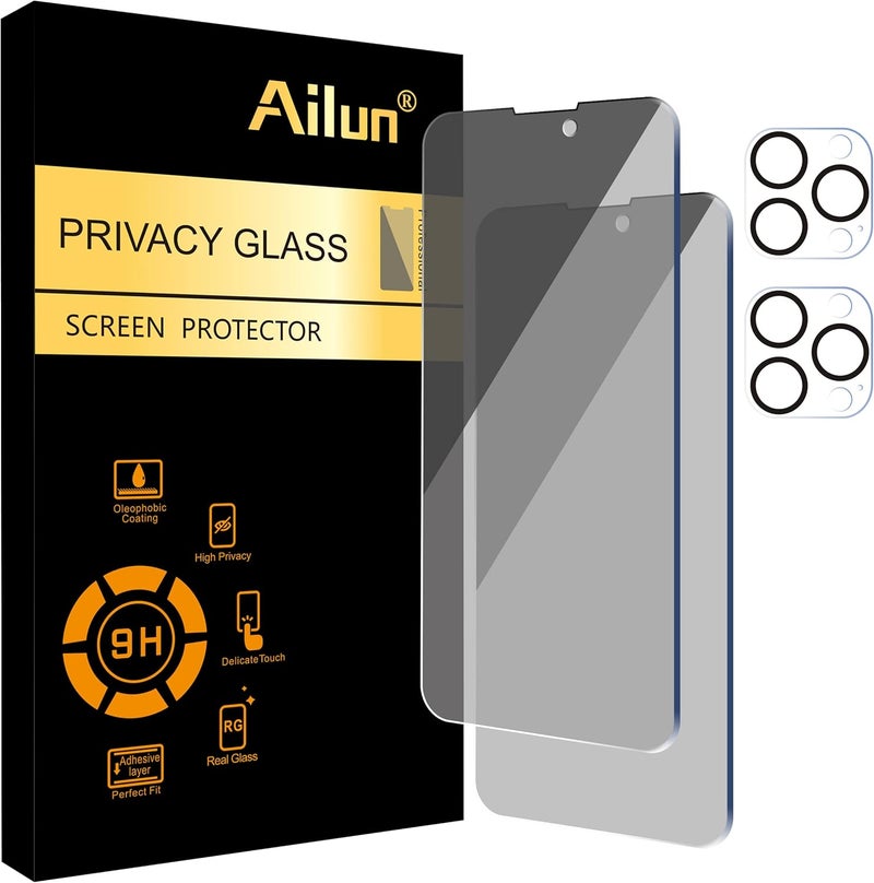 Ailun 2 Pack Privacy Screen Protector for iPhone 14 Pro [6.1 inch] + 2 Pack Camera Lens Protector,Anti Spy Private,Tempered Glass,Case Friendly - Image 1