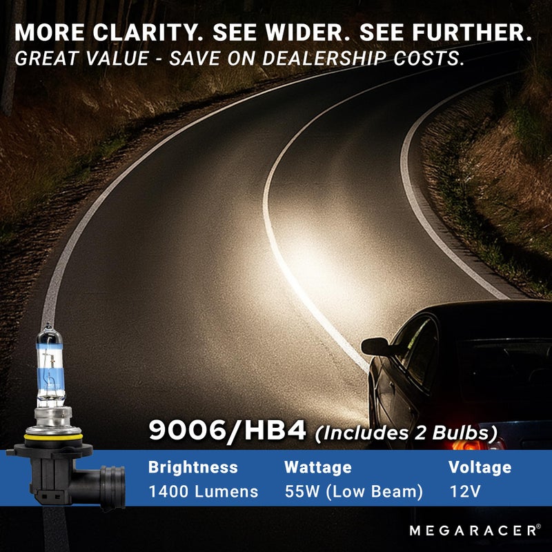 Mega Racer Premium OEM 9006/HB4 Halogen Headlight Bulbs (Low Beam) - Street-Legal & DOT Compliant for On-Road Use, Automotive Head Light Replacement for Car, 12V 55W, Plug & Play, Pack of 2 - Made in Korea - Image 3