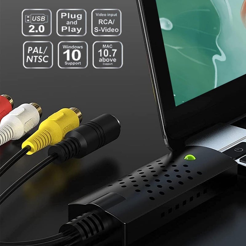 محول VHS إلى رقمي، بطاقة التقاط فيديو USB 2.0 جهاز التقاط فيديو وصوت USB 2.0 لتحويل أشرطة VHS القديمة وMini DV وHi8 وDVD وVCR إلى رقمي لأجهزة Mac والكمبيوتر الشخصي، يدعم أنظمة Windows 2000/10/8/7/Vista/XP/Android - Image 3