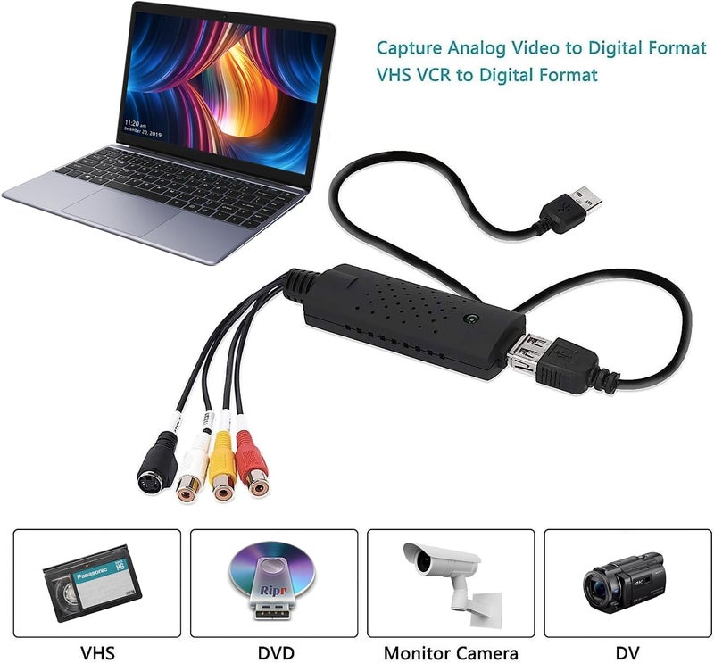 محول VHS إلى رقمي، بطاقة التقاط فيديو USB 2.0 جهاز التقاط فيديو وصوت USB 2.0 لتحويل أشرطة VHS القديمة وMini DV وHi8 وDVD وVCR إلى رقمي لأجهزة Mac والكمبيوتر الشخصي، يدعم أنظمة Windows 2000/10/8/7/Vista/XP/Android - Image 2