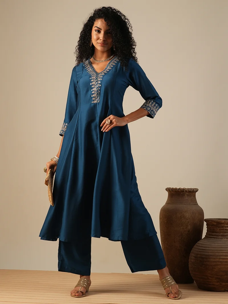 globus Women Zari Embroidered V-Neck Panelled Anarkali Kurta With Wide Leg Pants Festive Set