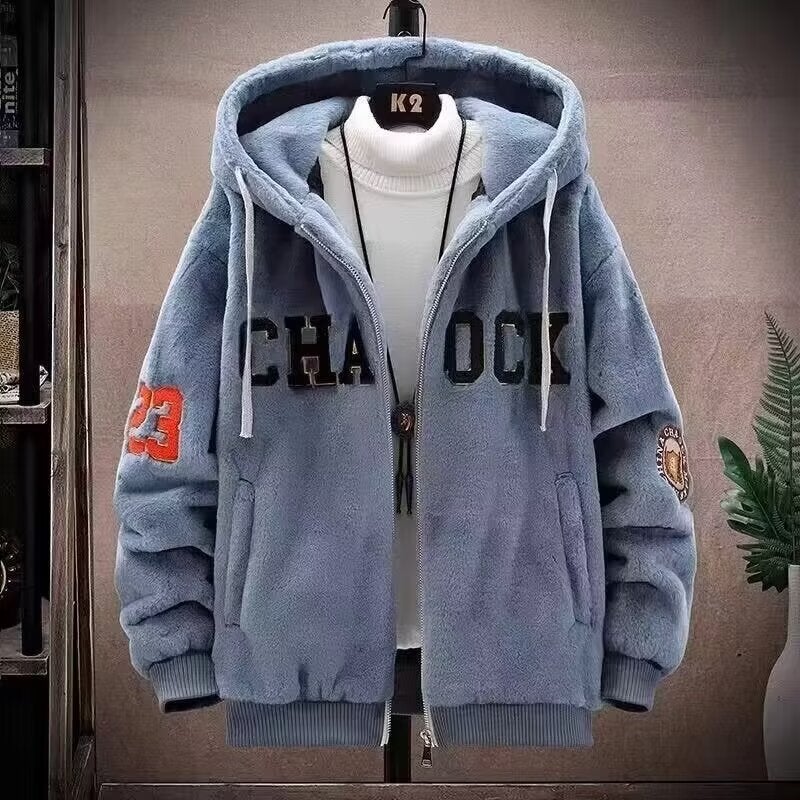Lamb Velvet Hooded Cotton Clothes Mens Autumn and Winter Korean Style Trendy Letter Embroidered Cotton-padded Coat Hong Kong Style Ins Loose Jacket Blue - Image 1