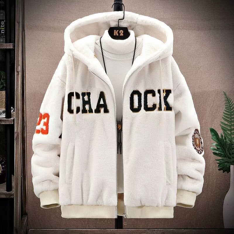 Lamb Velvet Hooded Cotton Clothes Mens Autumn and Winter Korean Style Trendy Letter Embroidered Cotton-padded Coat Hong Kong Style Ins Loose Jacket Blue - Image 5