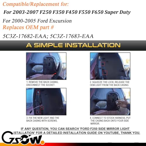 GSOWO 2 PCS LED Side Mirror Marker Lights for Ford 2003-2007 F250 F350 F450 F550 F650 Super Duty / 2000-2005 Excursion, LED Sequential Side Mirror Turn Signal Lamp Assembly - Switchback - Image 5