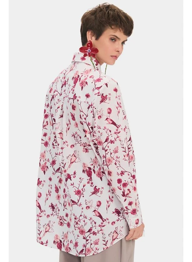 JUNE June Women Oversize/Loose Fit Cotton Blend Floral Fited Shirt White