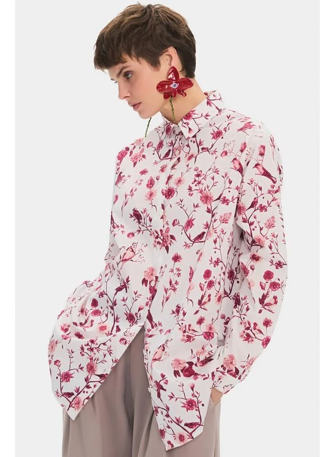 JUNE June Women Oversize/Loose Fit Cotton Blend Floral Fited Shirt White
