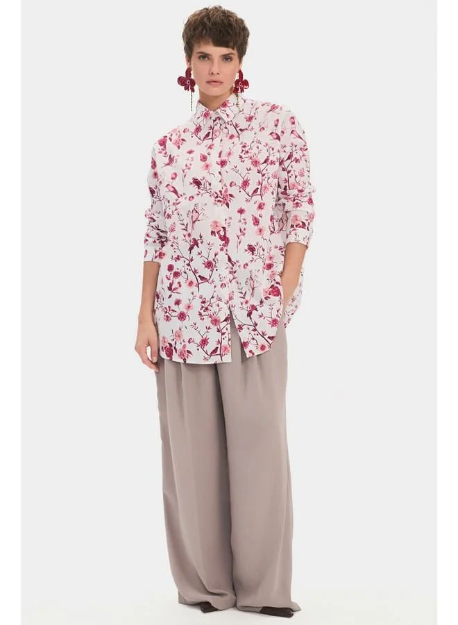 JUNE June Women Oversize/Loose Fit Cotton Blend Floral Fited Shirt White