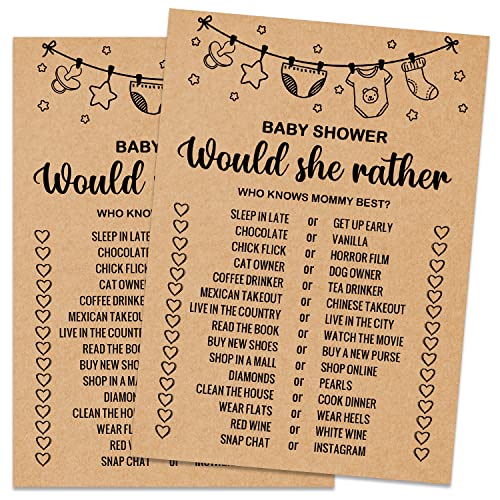 Misaidou Baby Shower Game Cards, Would She Rather Baby Shower Games Ideas, Set of 30 Cards, Rustic Bridal Wedding Showers or Bachelorette Party Game, Kraft - Image 1
